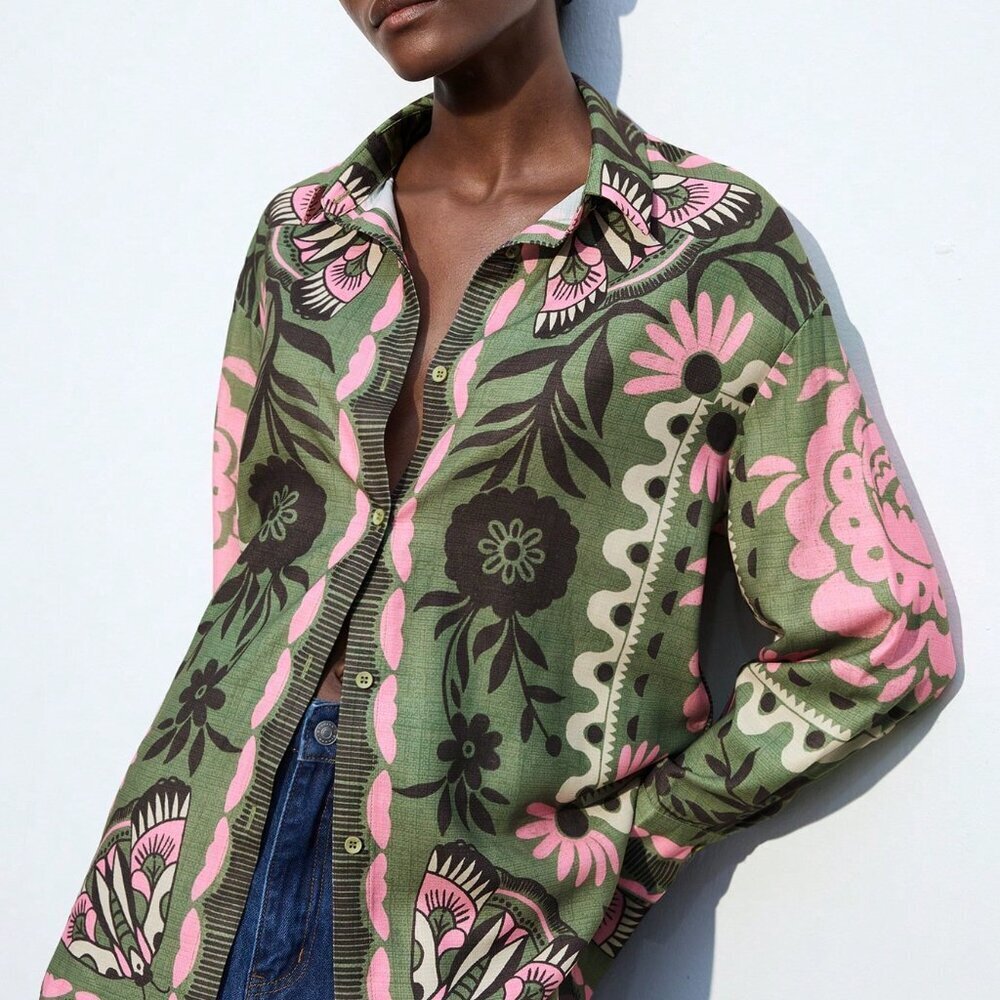 Green Boho Floral Women's Blouse